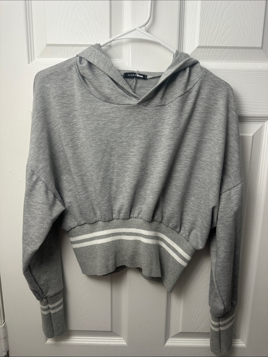 Fashion Nova Tops - Fashion Nova Light Gray Cropped Hoodie with White Stripe